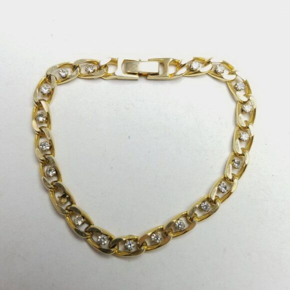 Vintage Gold Tone Chain Bracelet with Rhinestones, Stacking Classic Estate - Picture 3 of 6